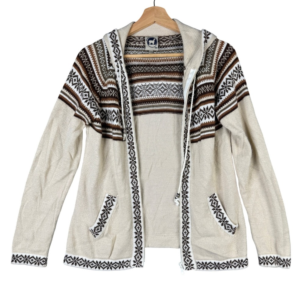 Artesania Hand Made Peru Alpaca Blend Fair Isle Full Zip Hooded Cardigan Small